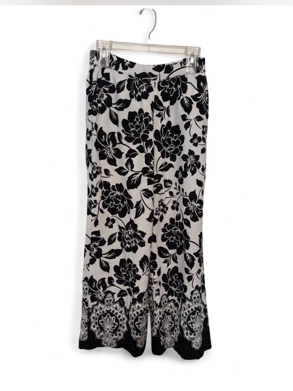 Black & White Floral Rayon/Linen Wide Leg Pants